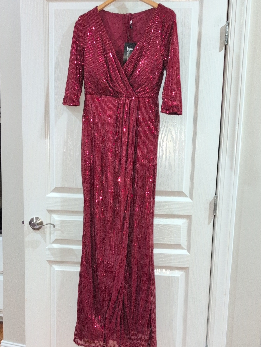 Burgundy Wine Sequin Maxi Dress Wrap V Neck 3/4 Sleeve Formal Gown